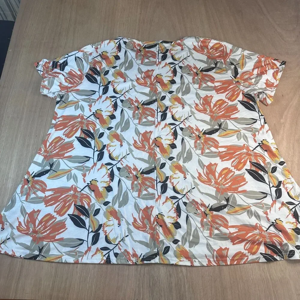 Floral Top Women’s 5XL Orange White Black Short Sleeve Blouse Plus Size - Picture 2 of 4